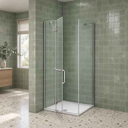 Cabine de douche pliante accès d'angle – en situation dans une salle de bain