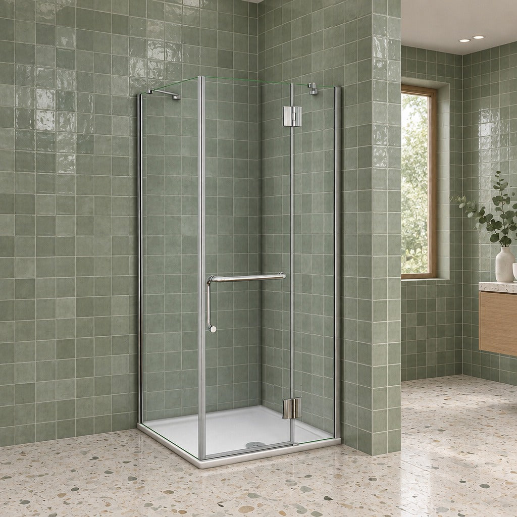 Cabine de douche pliante accès d'angle – en situation dans une salle de bain