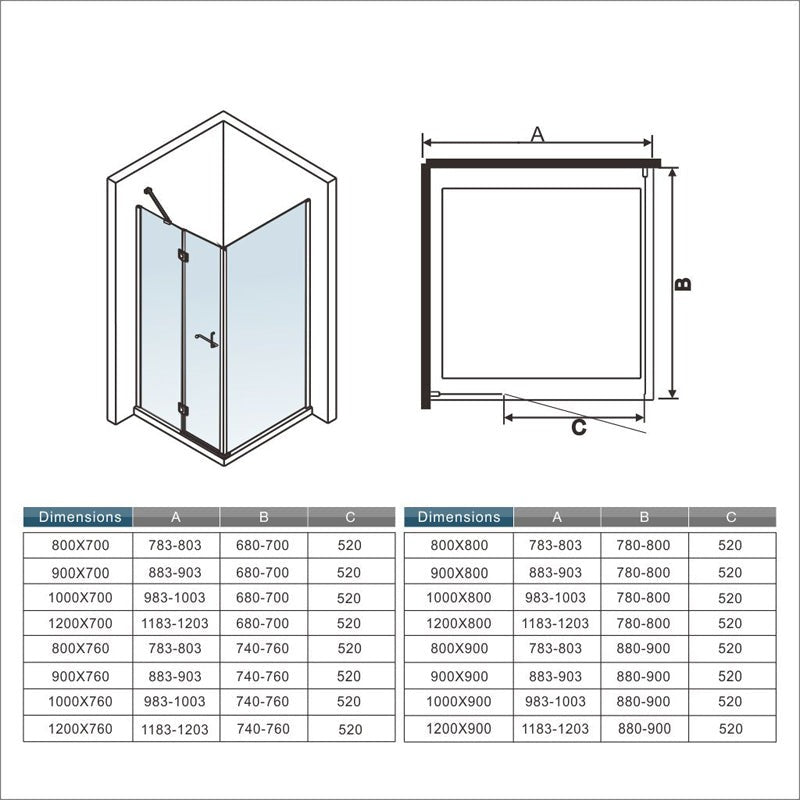 Cabine de douche pliante accès d'angle – schéma et dimensions