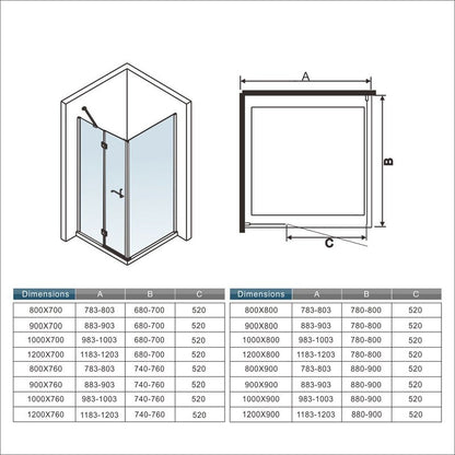 Cabine de douche pliante accès d'angle – schéma et dimensions