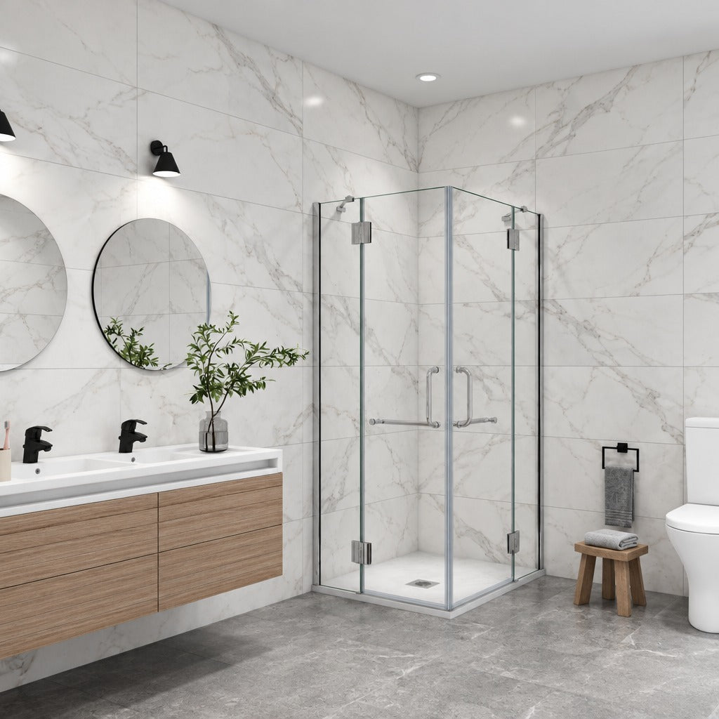 Cabine de douche à 2 portes pliantes accès d'angle – en situation dans une salle de bain