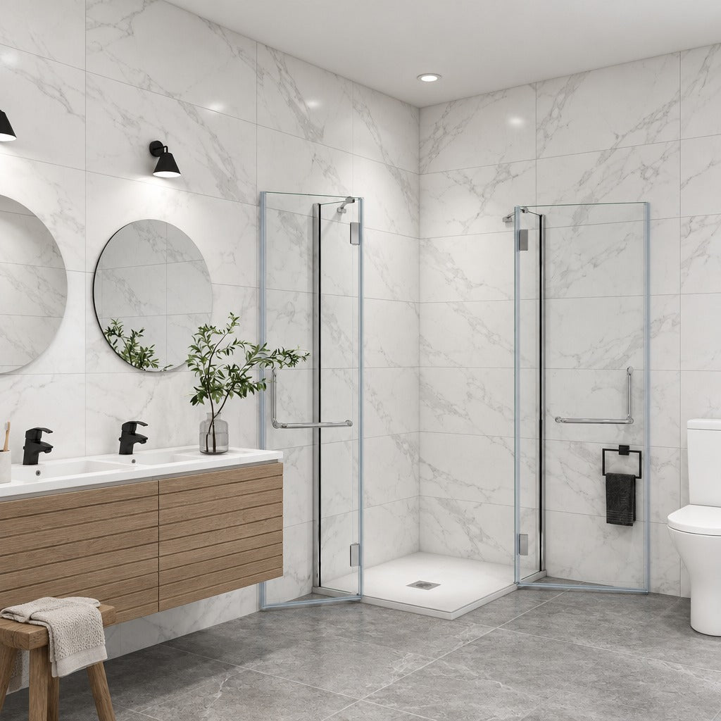 Cabine de douche à 2 portes pliantes accès d'angle – en situation dans une salle de bain