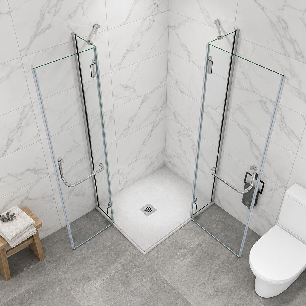 Cabine de douche à 2 portes pliantes accès d'angle – en situation dans une salle de bain