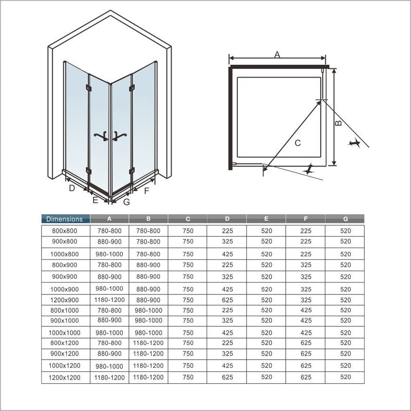Cabine de douche à 2 portes pliantes accès d'angle – schéma et dimensions