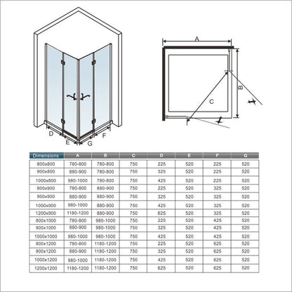 Cabine de douche à 2 portes pliantes accès d'angle – schéma et dimensions