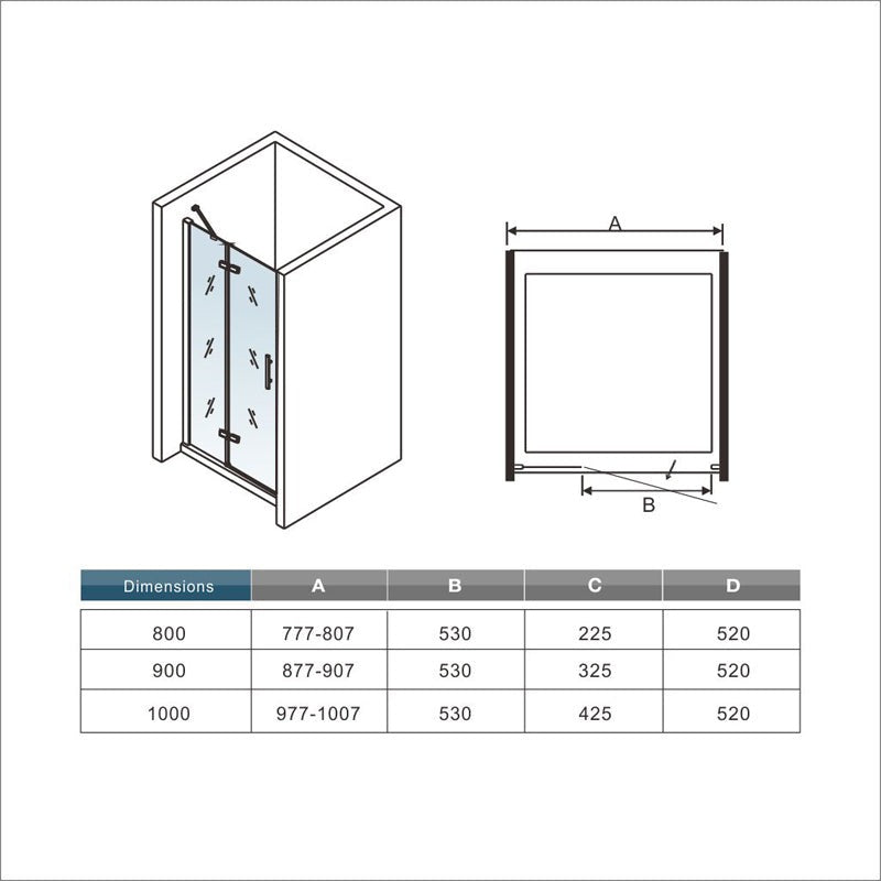 Porte de douche pivotante-pliante pour niche – schéma et dimensions