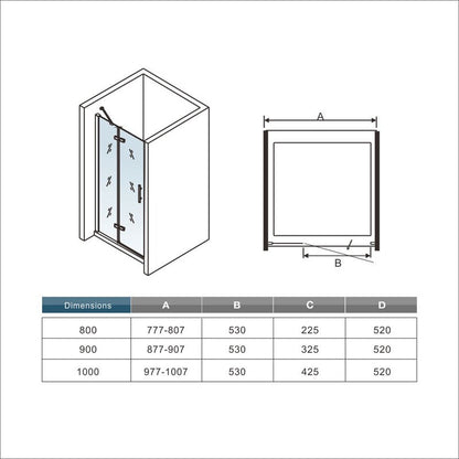 Porte de douche pivotante-pliante pour niche – schéma et dimensions