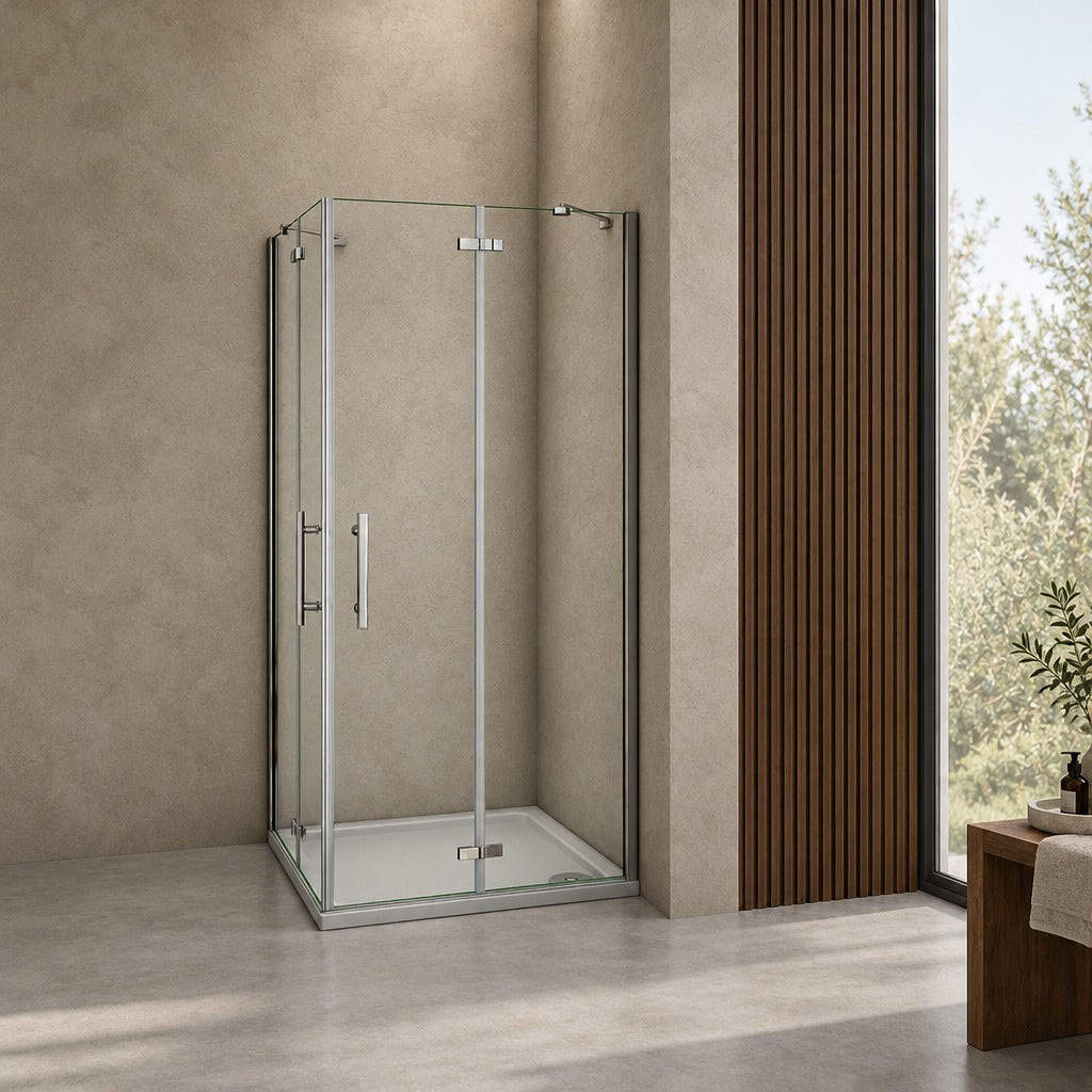 Cabine de douche à 2 portes pliantes accès d'angle – en situation dans une salle de bain