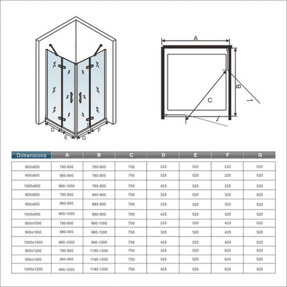 Cabine de douche à 2 portes pliantes accès d'angle – schéma et dimensions
