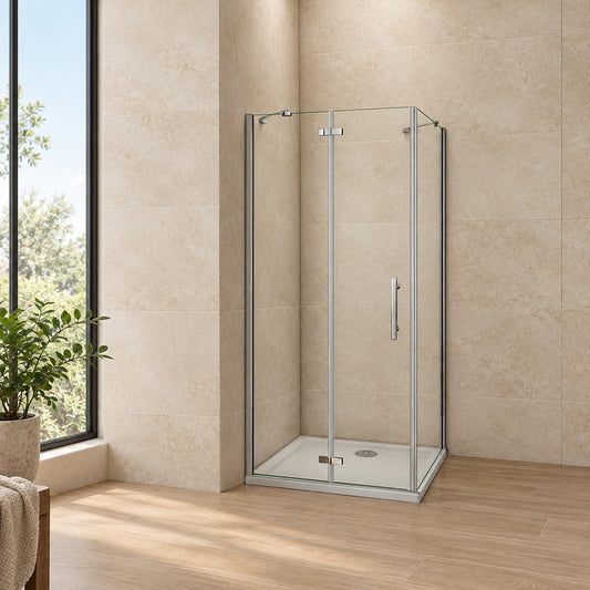 Cabine de douche pliante accès d'angle – en situation dans une salle de bain
