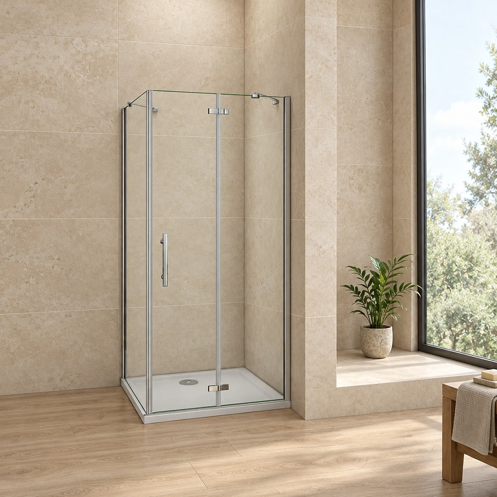 Cabine de douche pliante accès d'angle – en situation dans une salle de bain