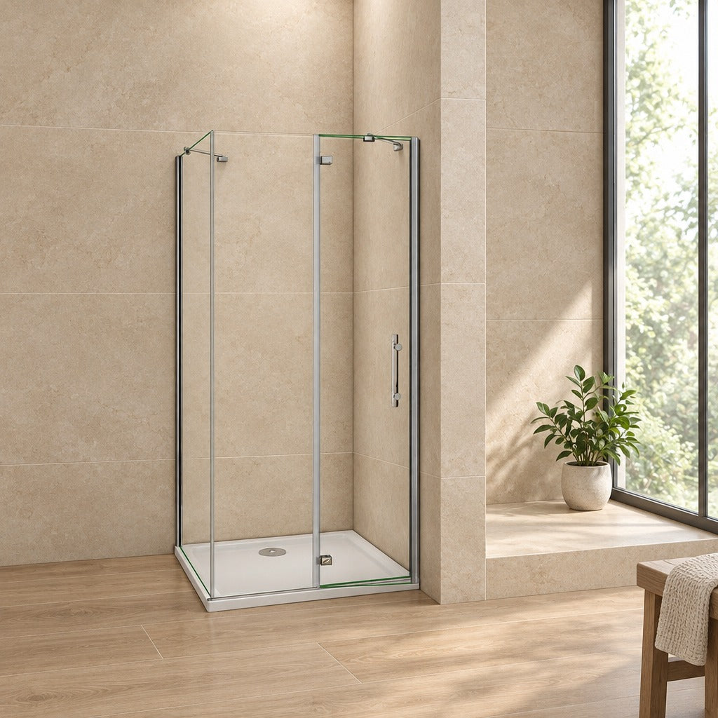 Cabine de douche pliante accès d'angle – en situation dans une salle de bain