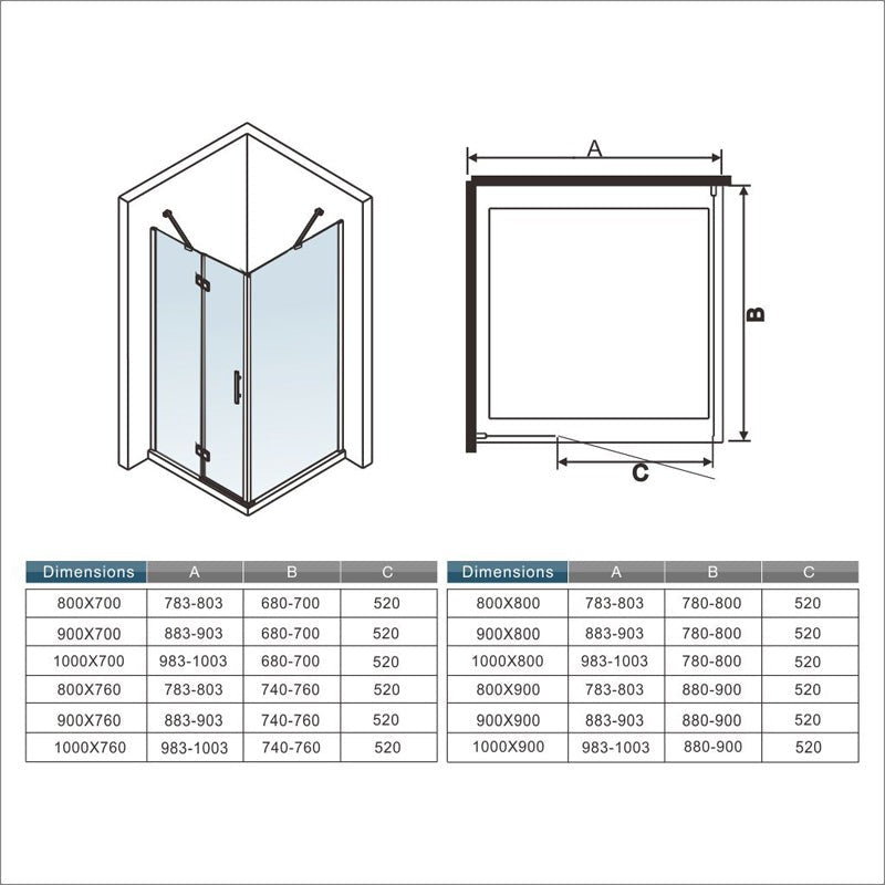 Cabine de douche pliante accès d'angle – schéma et dimensions