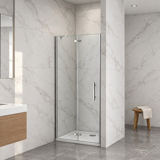 Porte de douche pivotante-pliante avec paroi fixe pour niche – en situation dans une salle de bain
