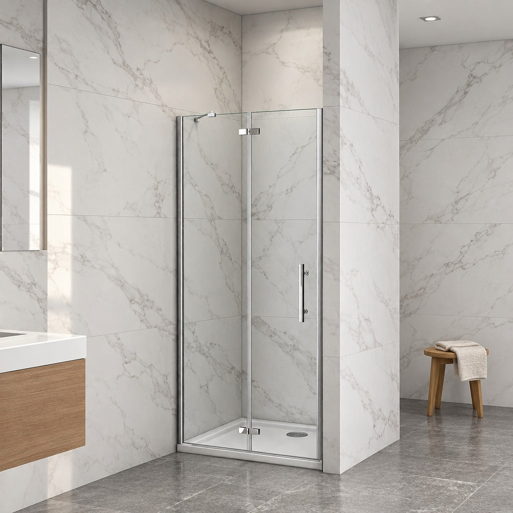 Porte de douche pivotante-pliante avec paroi fixe pour niche – en situation dans une salle de bain