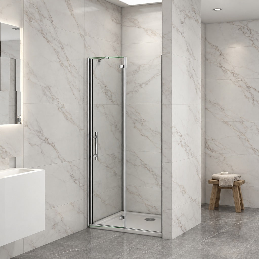 Porte de douche pivotante-pliante avec paroi fixe pour niche – en situation dans une salle de bain