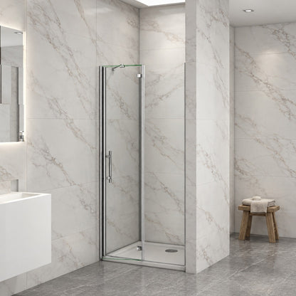 Porte de douche pivotante-pliante avec paroi fixe pour niche – en situation dans une salle de bain