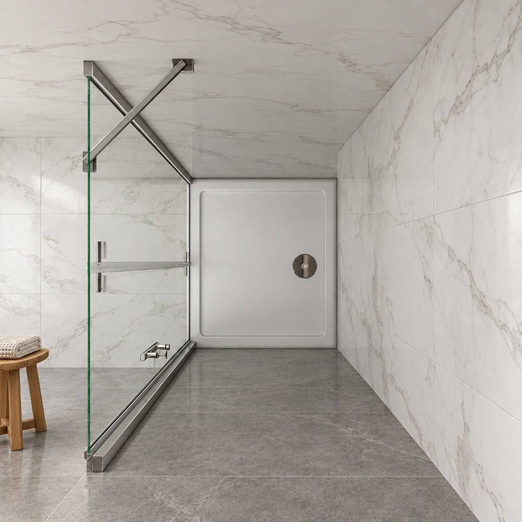 Porte de douche pivotante-pliante avec paroi fixe pour niche – en situation dans une salle de bain