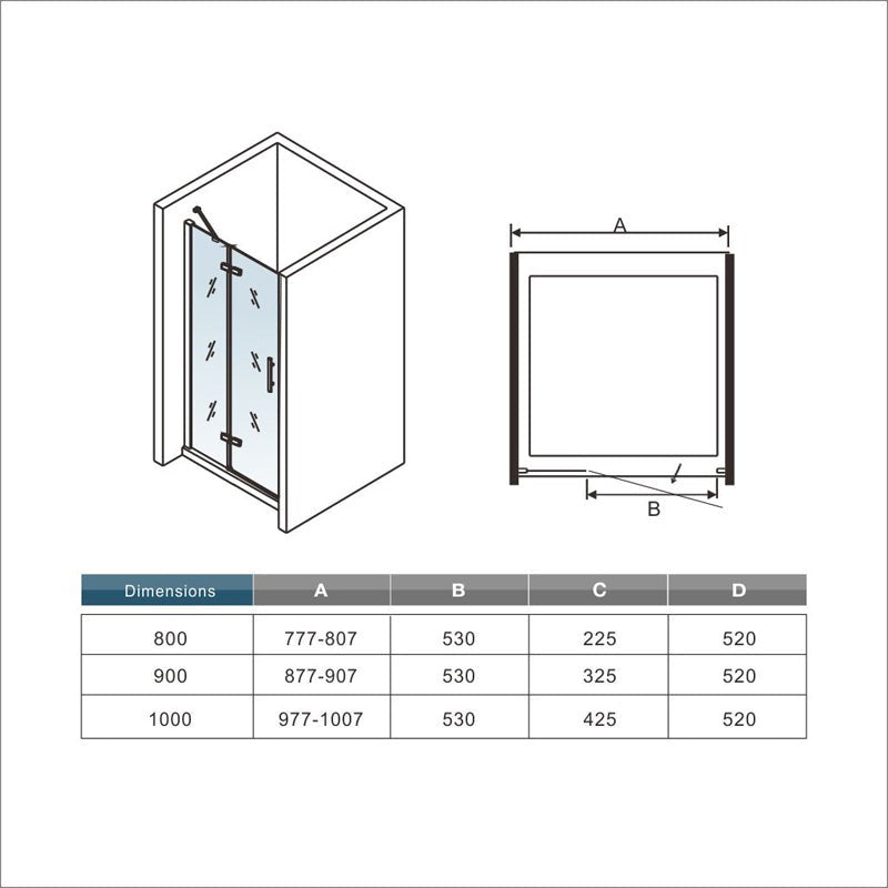 Porte de douche pivotante-pliante avec paroi fixe pour niche – schéma et dimensions