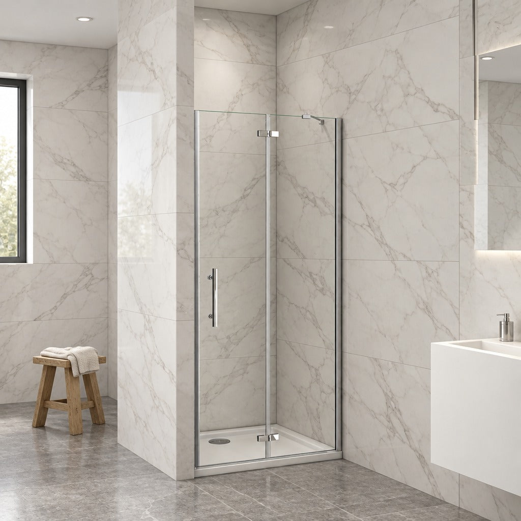 Porte de douche pivotante-pliante avec paroi fixe pour niche – en situation dans une salle de bain