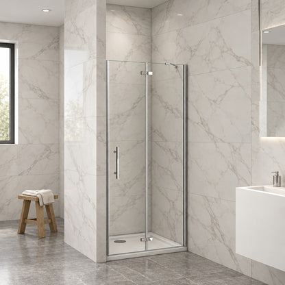 Porte de douche pivotante-pliante avec paroi fixe pour niche – en situation dans une salle de bain