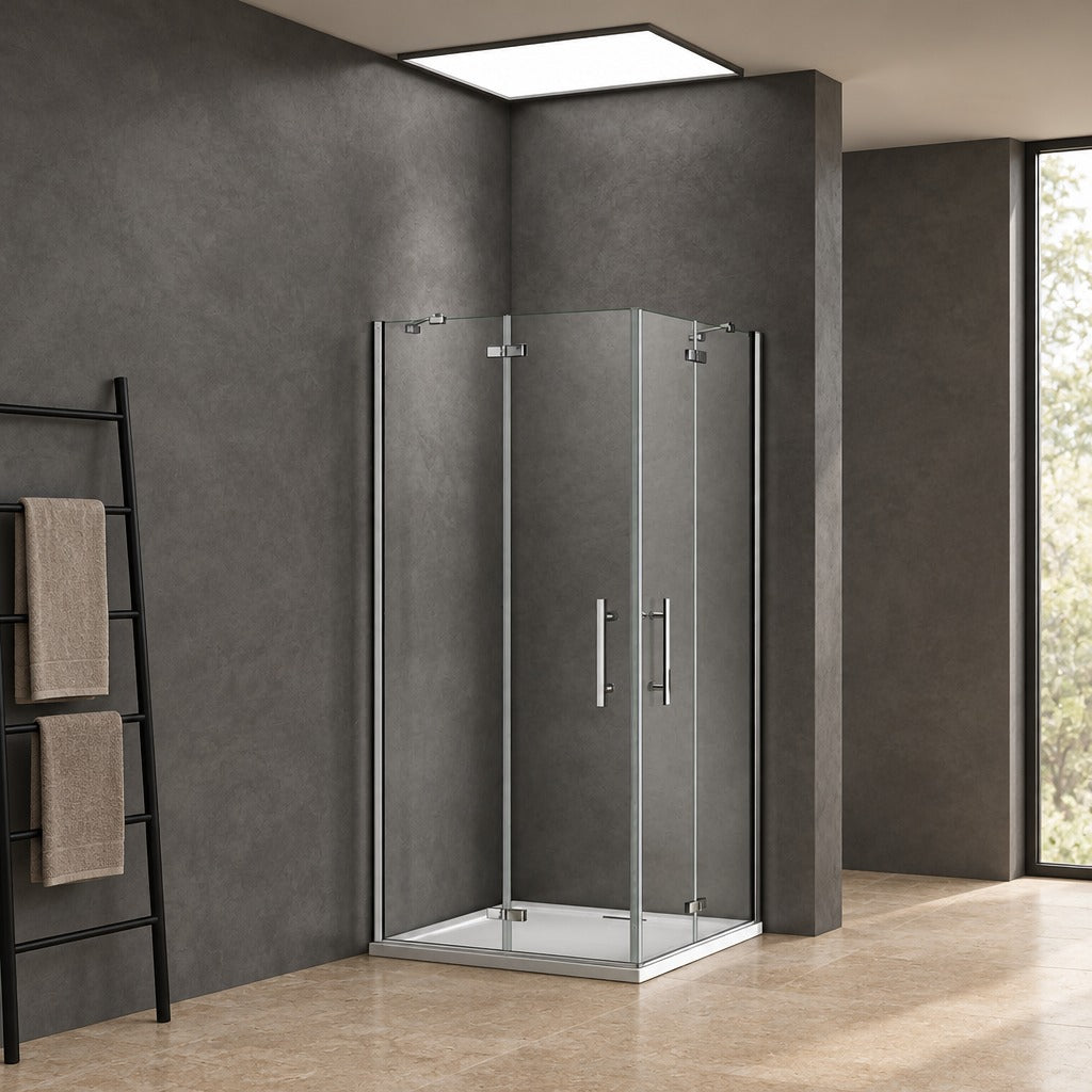 Cabine de douche à 2 portes pliantes accès d'angle – en situation dans une salle de bain