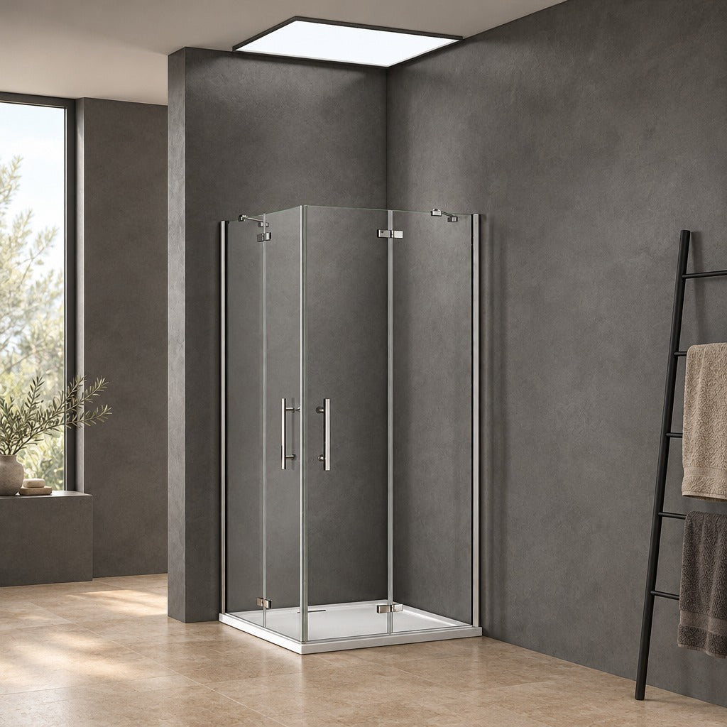 Cabine de douche à 2 portes pliantes accès d'angle – en situation dans une salle de bain