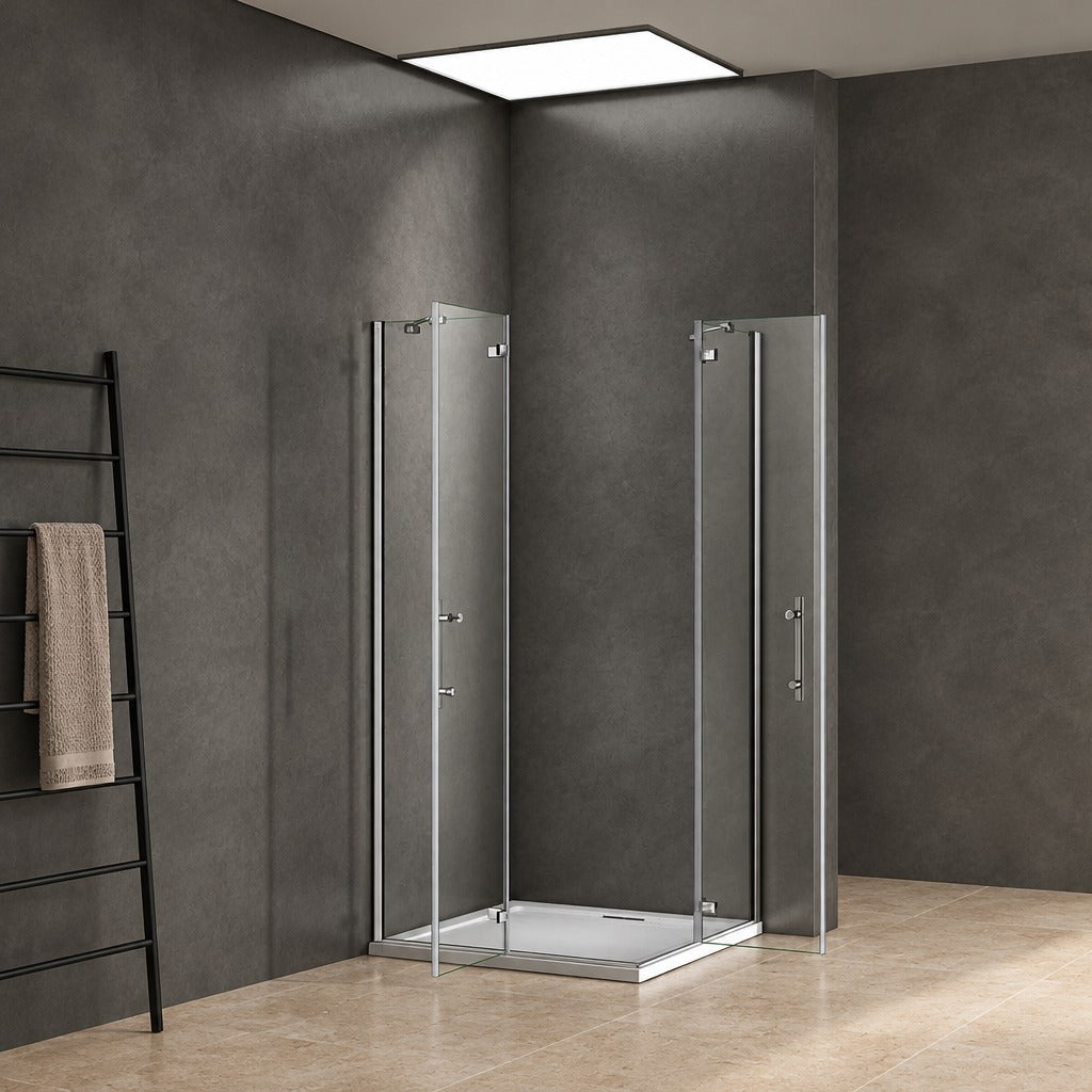 Cabine de douche à 2 portes pliantes accès d'angle – en situation dans une salle de bain
