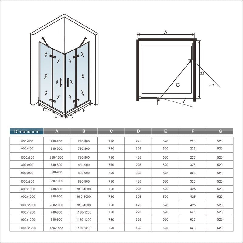 Cabine de douche à 2 portes pliantes accès d'angle – schéma et dimensions