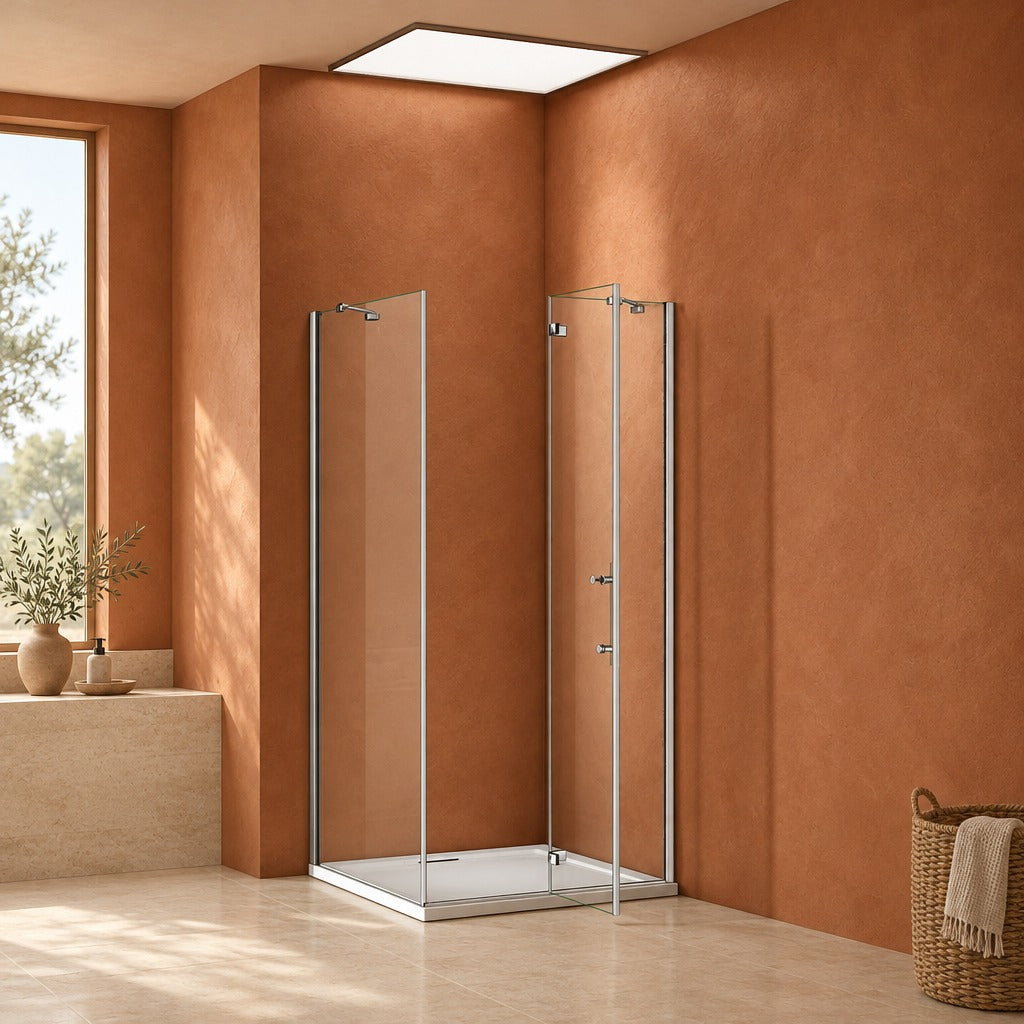 Cabine de douche pliante accès d'angle – en situation dans une salle de bain