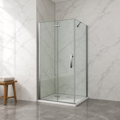 Cabine de douche pivotante-pliante accès d'angle – en situation dans une salle de bain