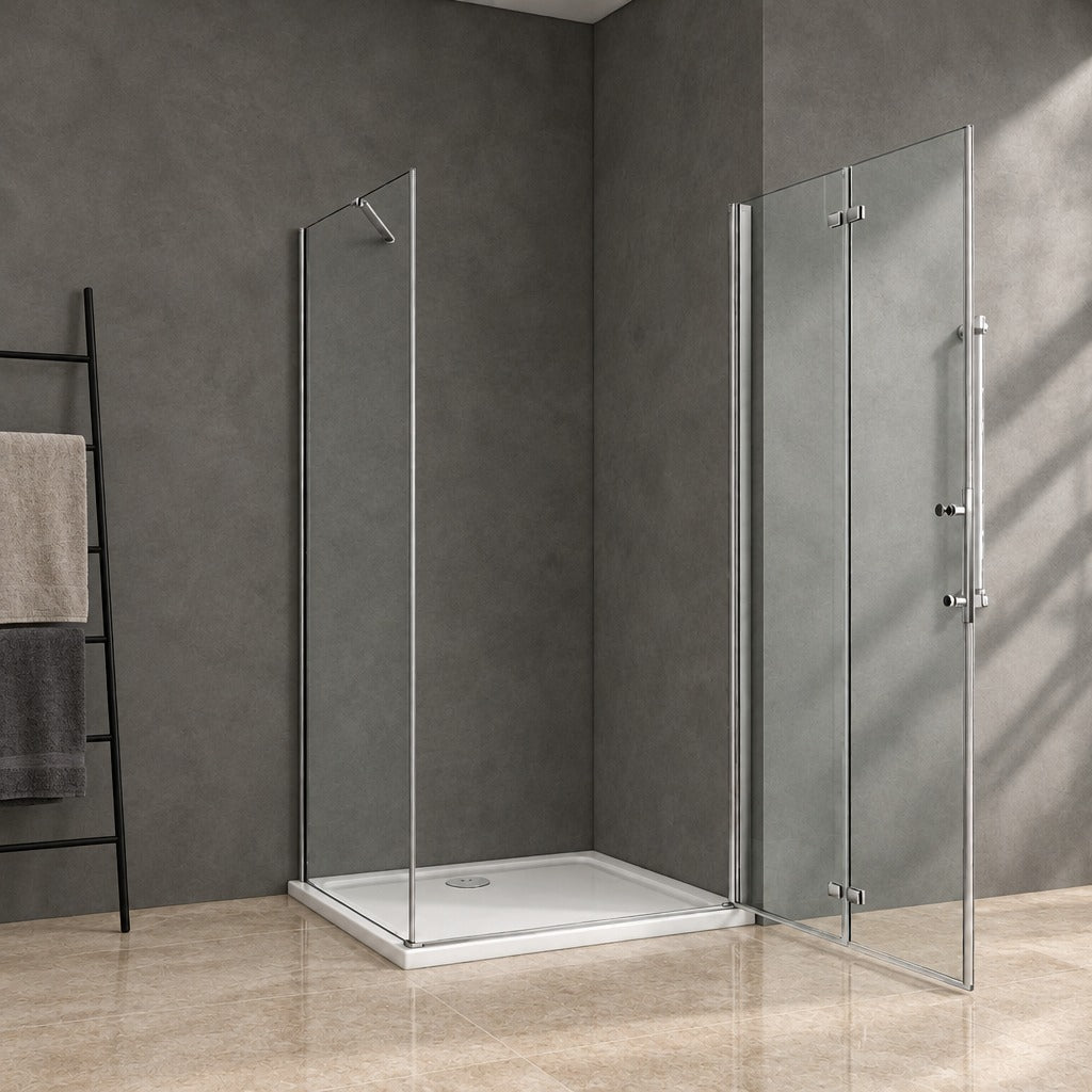 Cabine de douche pivotante-pliante accès d'angle – en situation dans une salle de bain
