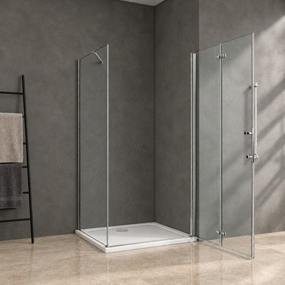 Cabine de douche pivotante-pliante accès d'angle – en situation dans une salle de bain