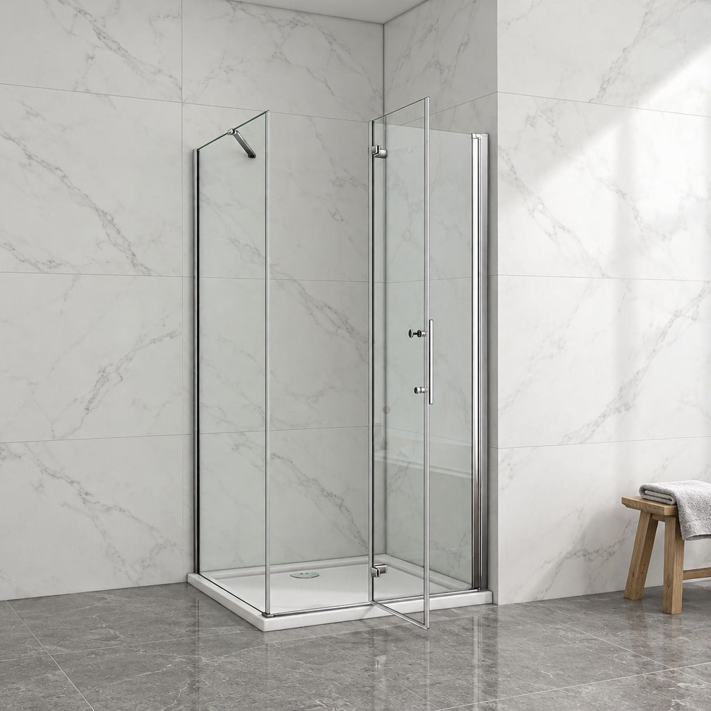 Cabine de douche pliante accès d'angle – en situation dans une salle de bain