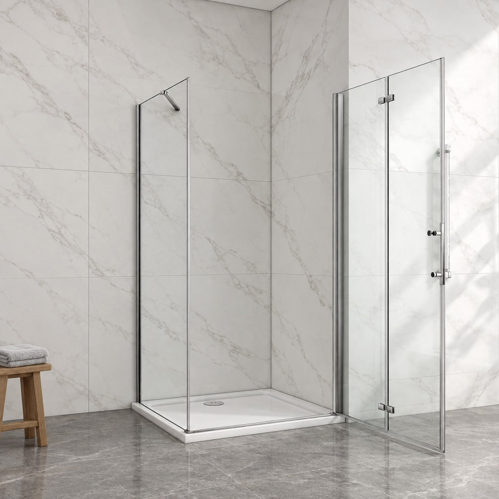 Cabine de douche pliante accès d'angle – en situation dans une salle de bain