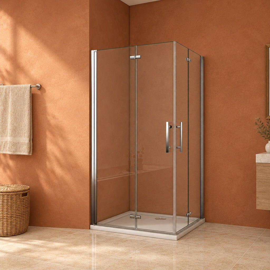 Cabine de douche pivotante-pliante accès d'angle – en situation dans une salle de bain