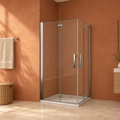 Cabine de douche pivotante-pliante accès d'angle – en situation dans une salle de bain