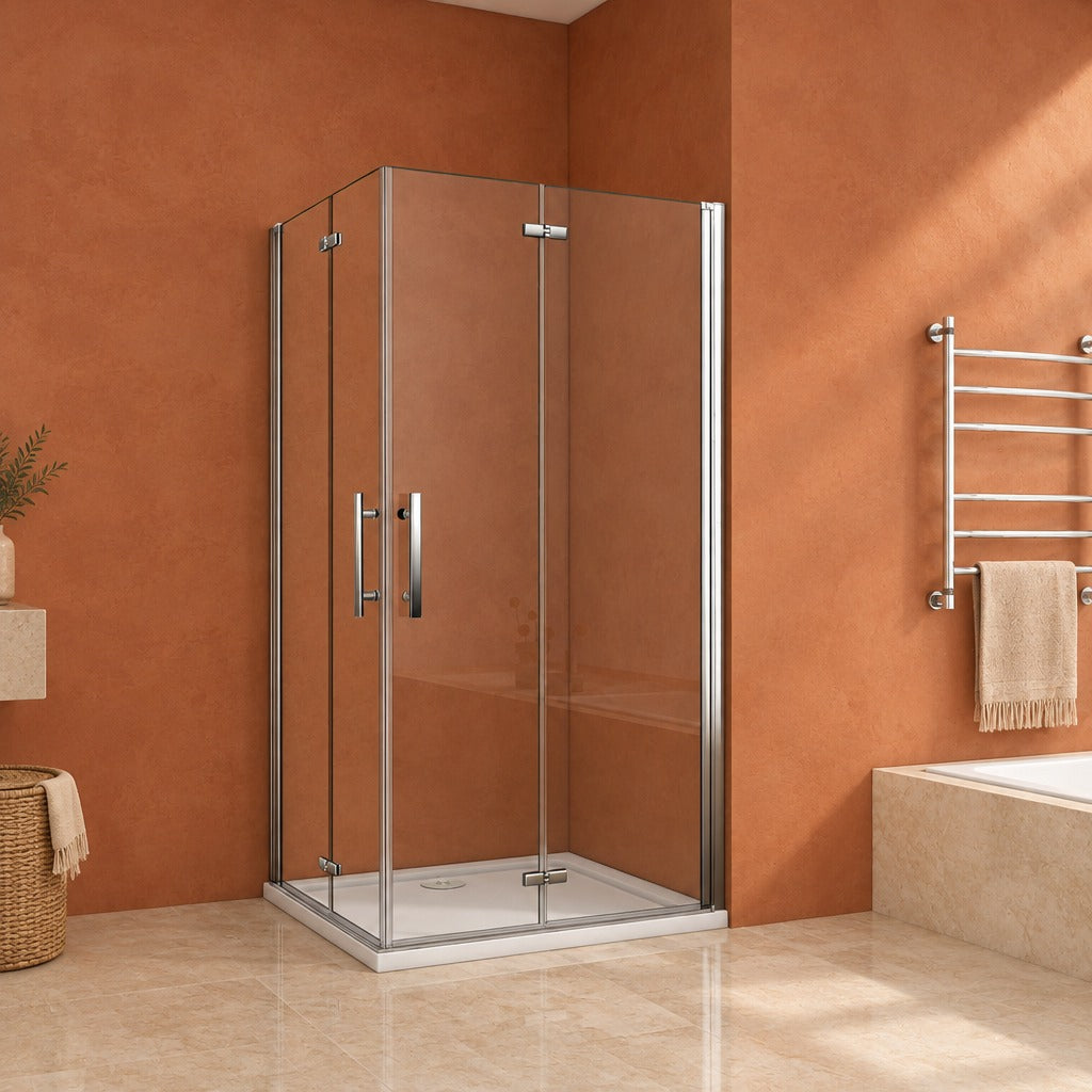 Cabine de douche pivotante-pliante accès d'angle – en situation dans une salle de bain