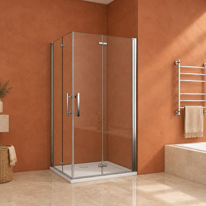 Cabine de douche pivotante-pliante accès d'angle – en situation dans une salle de bain