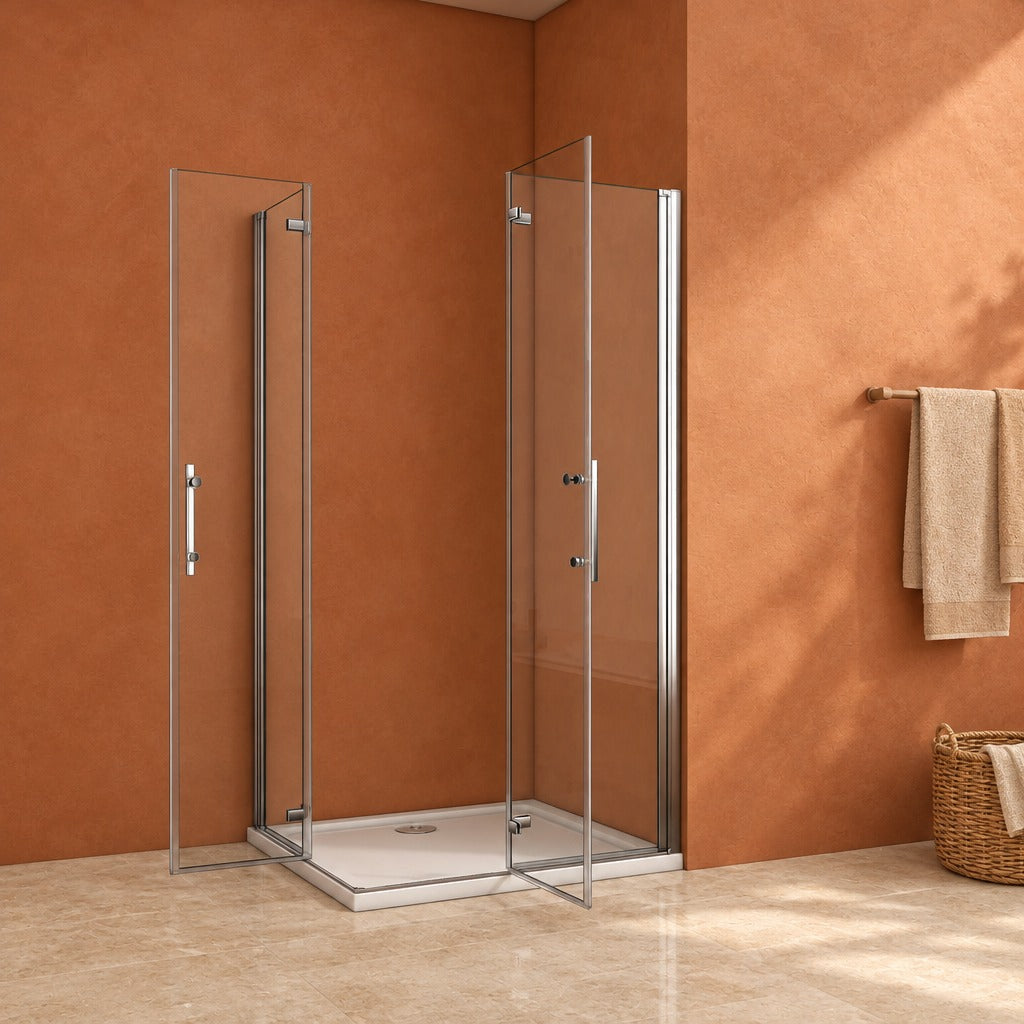 Cabine de douche pivotante-pliante accès d'angle – en situation dans une salle de bain