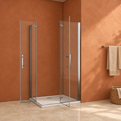 Cabine de douche pivotante-pliante accès d'angle – en situation dans une salle de bain
