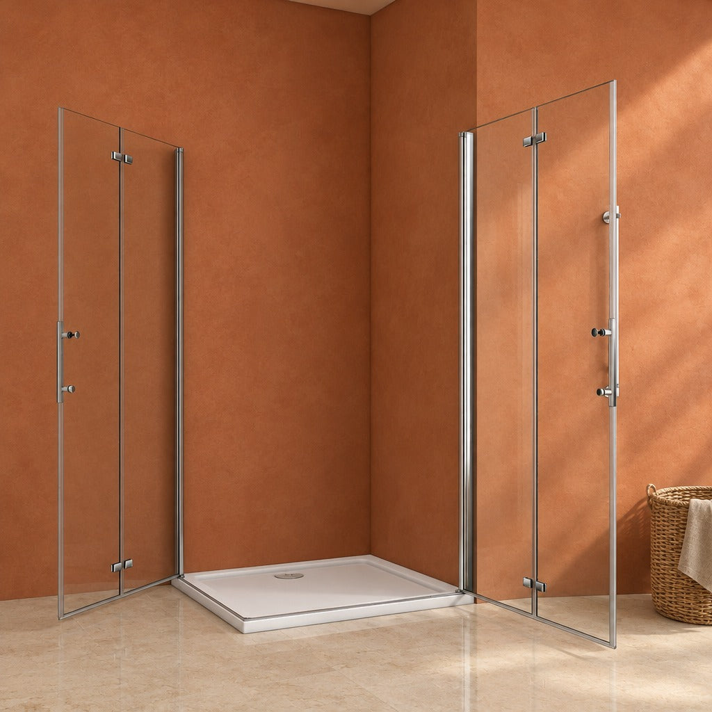 Cabine de douche pivotante-pliante accès d'angle – en situation dans une salle de bain