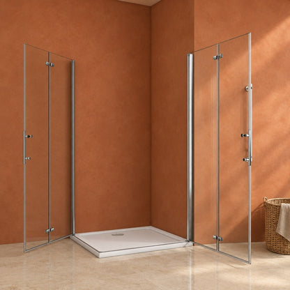 Cabine de douche pivotante-pliante accès d'angle – en situation dans une salle de bain