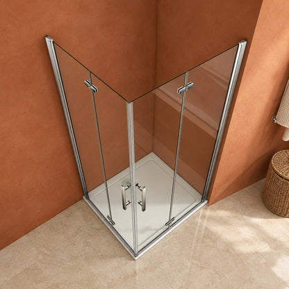 Cabine de douche pivotante-pliante accès d'angle – en situation dans une salle de bain