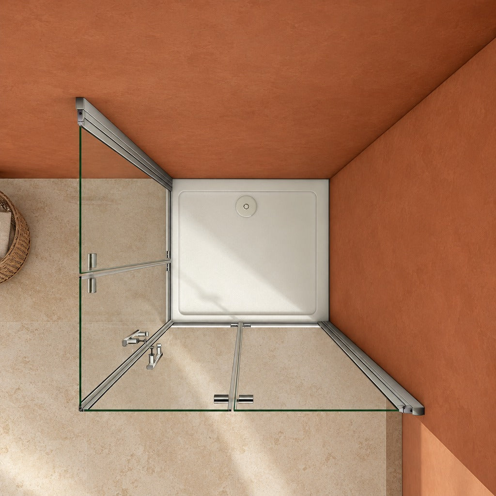 Cabine de douche pivotante-pliante accès d'angle – en situation dans une salle de bain