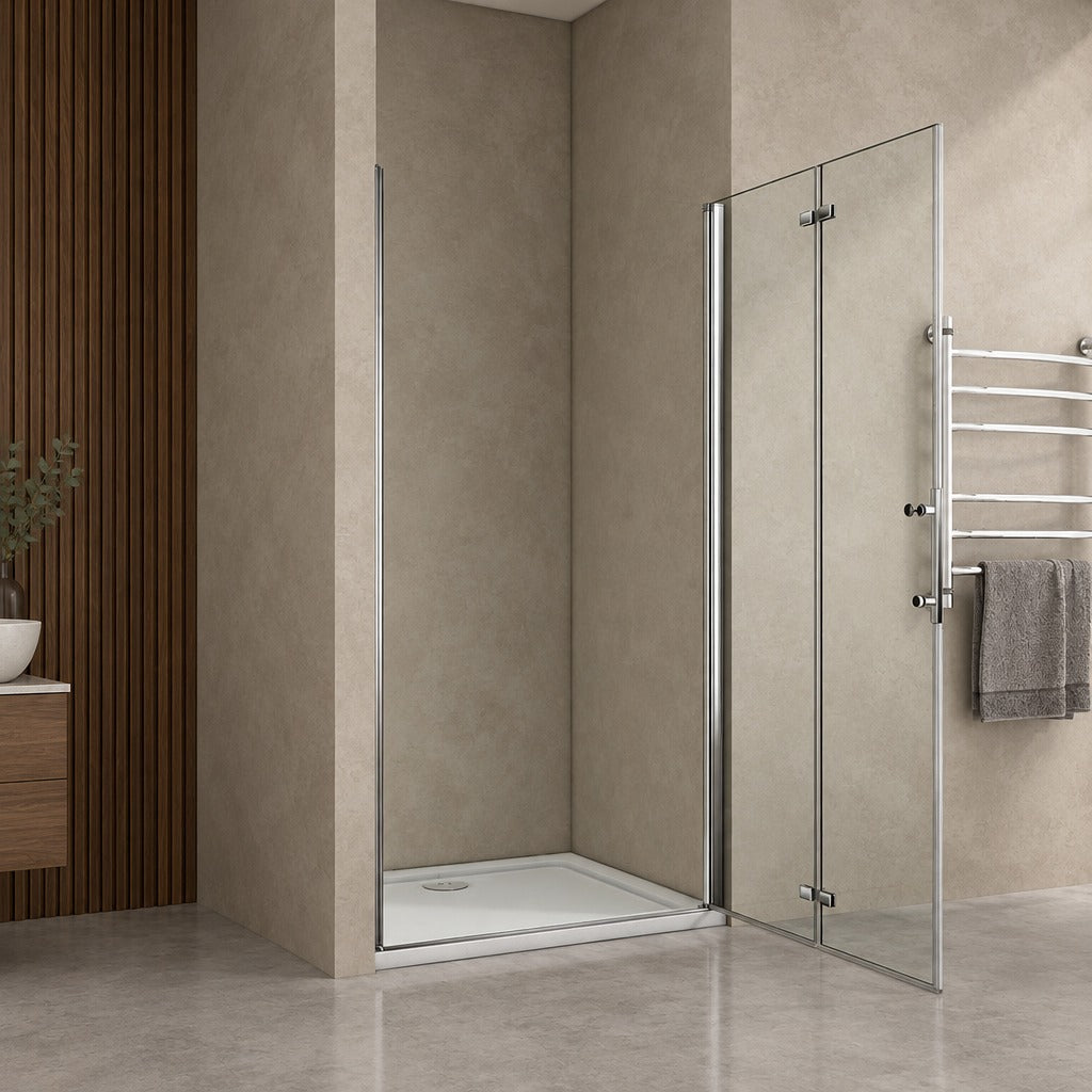 Porte de douche pivotante-pliante pour niche – en situation dans une salle de bain