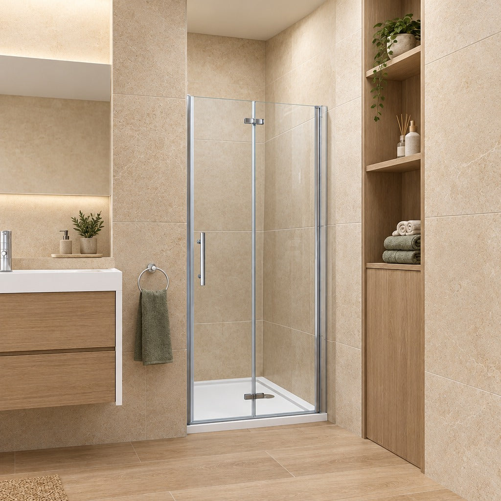 Porte de douche pivotante-pliante pour niche – en situation dans une salle de bain