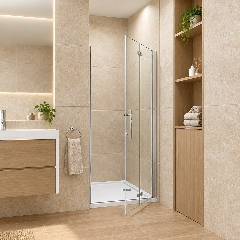 Porte de douche pivotante-pliante pour niche – en situation dans une salle de bain