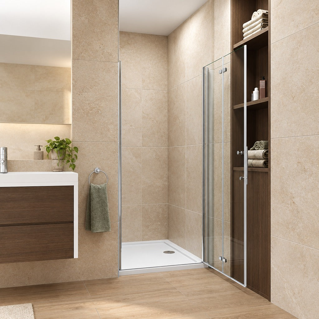 Porte de douche pivotante-pliante pour niche – en situation dans une salle de bain