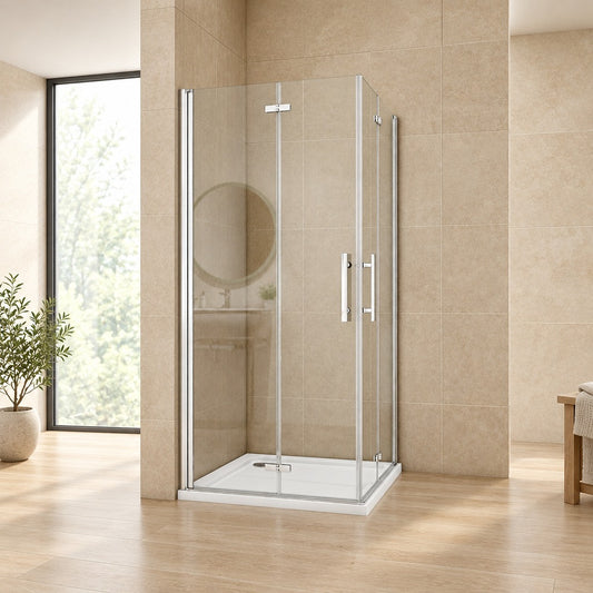 Cabine de douche pivotante-pliante accès d'angle – en situation dans une salle de bain